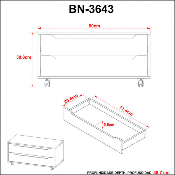 Balcão para Banheiro com 2 Gavetas e Rodízio BN3643 Tecnomobili Amêndoa/Branco