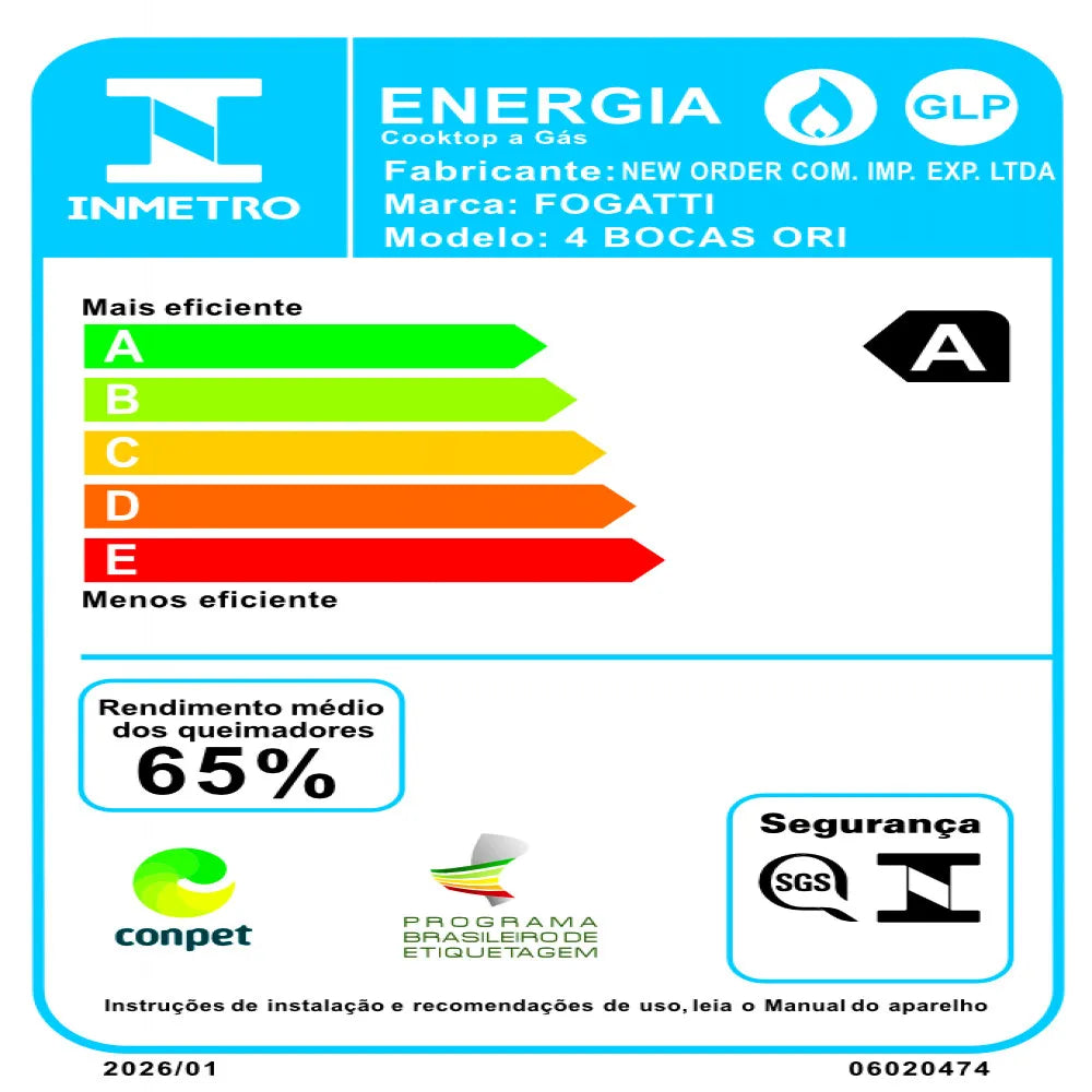 Fogão Cooktop Fogatti Ori 4 Bocas Vidro Preto Bivolt