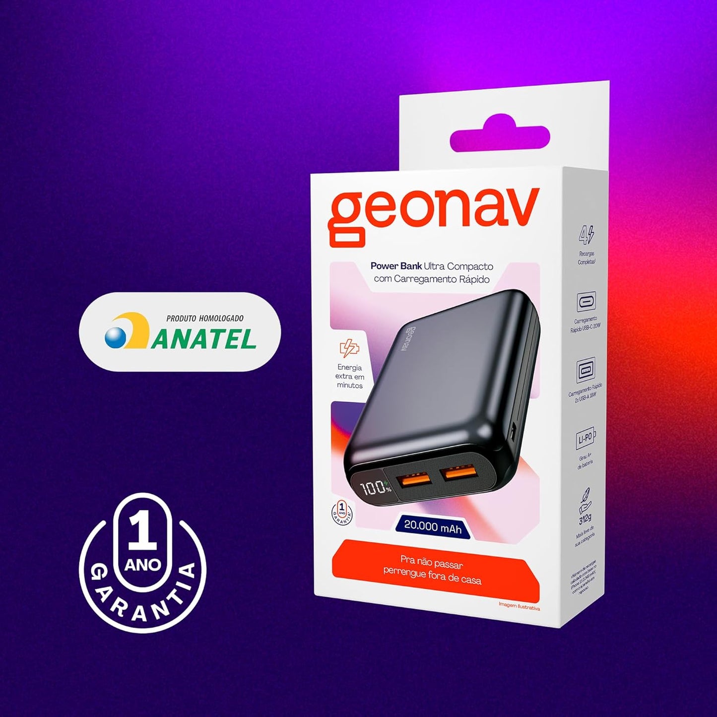 Carregador Portátil 20.000mAh Preto GEONAV