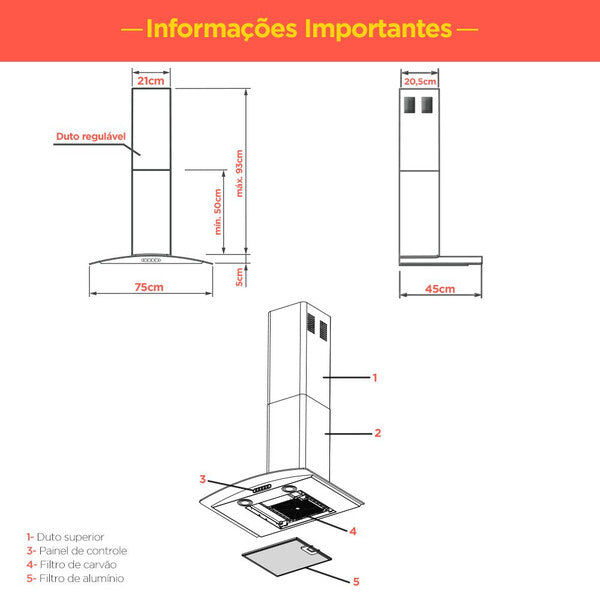 Coifa De Parede Fogatti Vidro Curvo Slim Inox 4 E 6 Bocas 75cm
