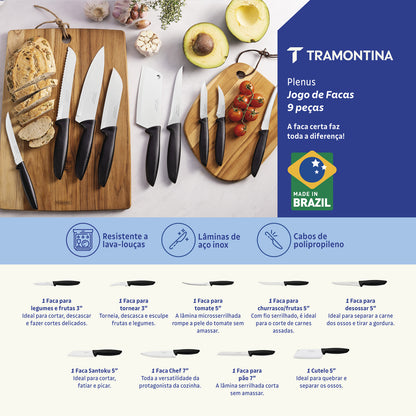 Jogo de Facas Plenus com Lâminas em Aço Inox e Cabos de Polipropileno Preto 9 Peças - Tramontina