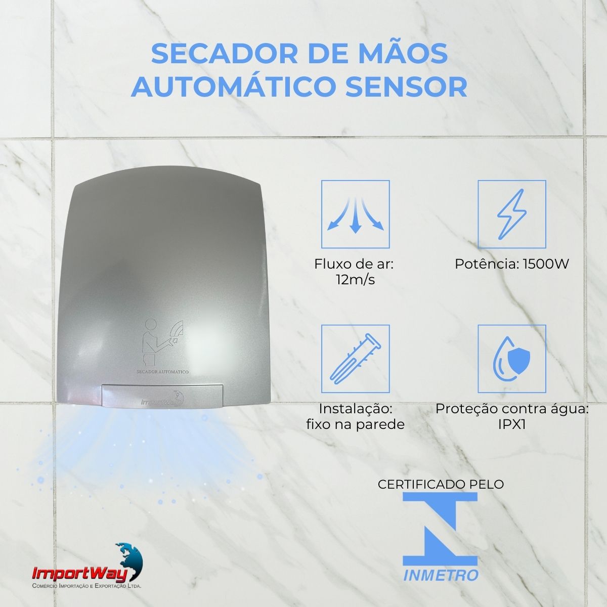 Secador de Mãos Automático Importway Sensor 127V 1500W Cinza Parede