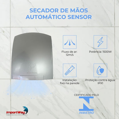 Secador de Mãos Automático Importway Sensor 127V 1500W Cinza Parede