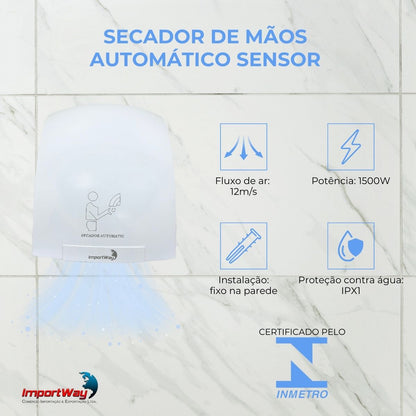 Secador de Mãos Automático Sensor Importway 12m/s 1500W 127V
