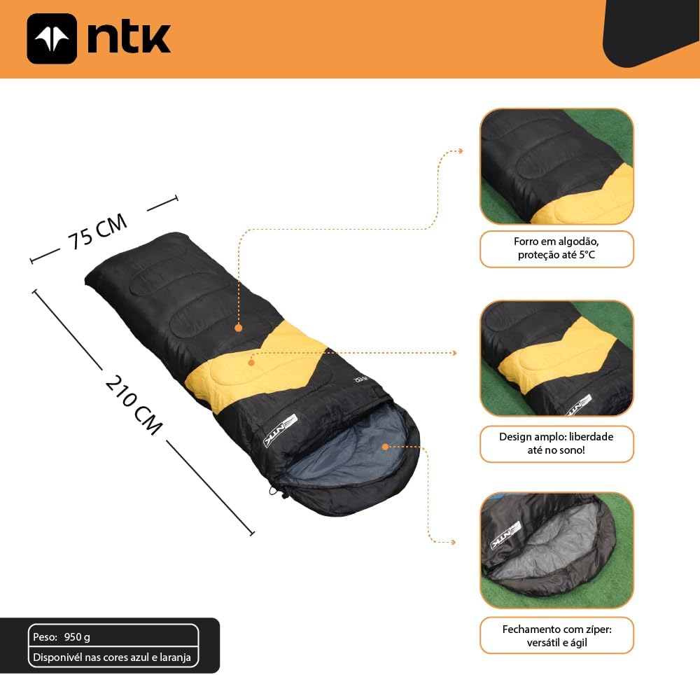 Saco de Dormir Solteiro NTK Viper Preto e Laranja