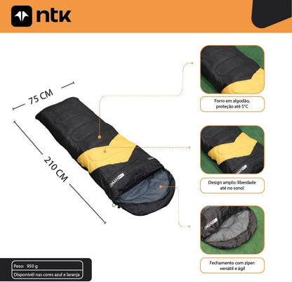 Saco de Dormir Solteiro NTK Viper Preto e Laranja