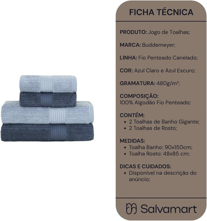Kit Jogo de Toalhas Gigante Buddemeyer 4 Peças Banho e Rosto Azul