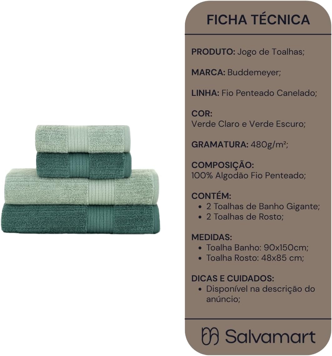 Kit Jogo de Toalhas Gigante Buddemeyer 4 Peças Banho e Rosto Verde