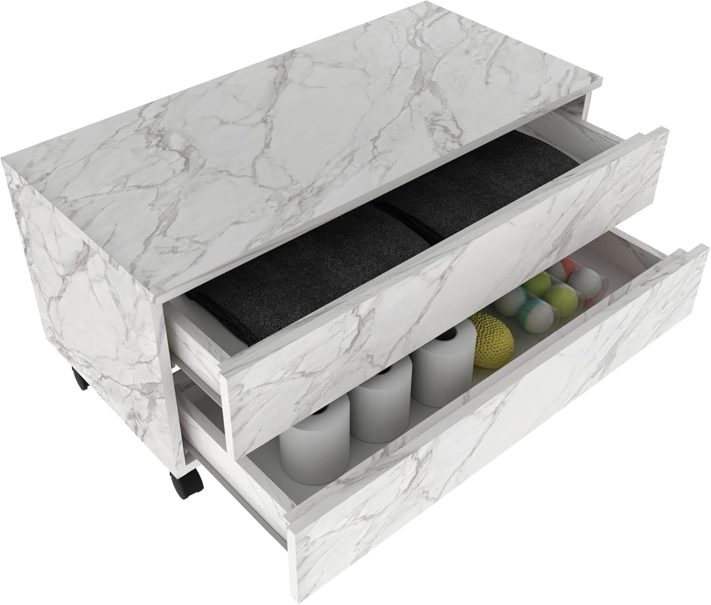 Balcão Gabinete Gaveteiro Multiuso 80 cm 2 Gavetas 4 Rodízios Branco Mármore