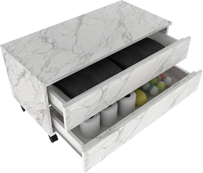 Balcão Gabinete Gaveteiro Multiuso 80 cm 2 Gavetas 4 Rodízios Branco Mármore