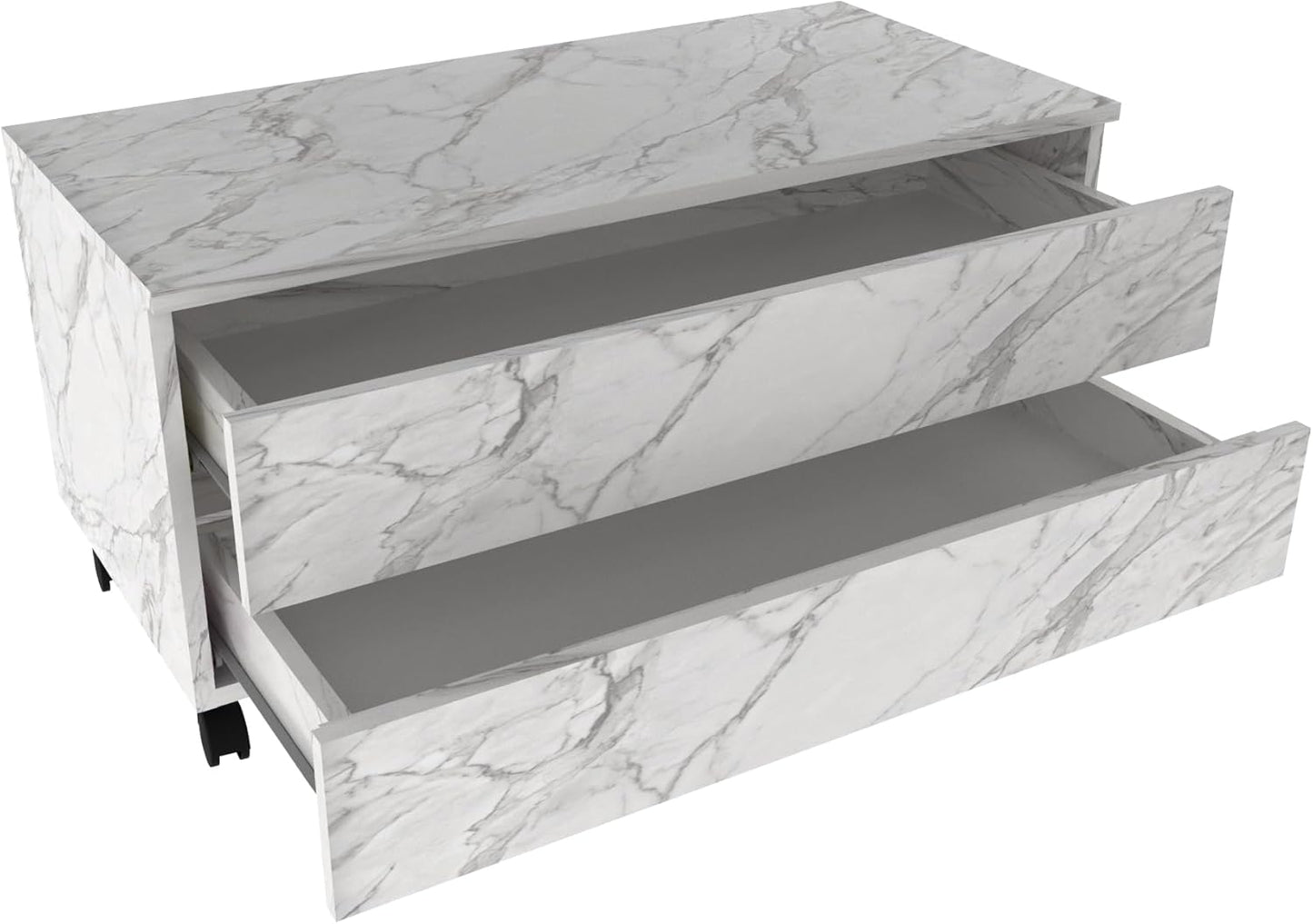 Balcão Gabinete Gaveteiro Multiuso 80 cm 2 Gavetas 4 Rodízios Branco Mármore