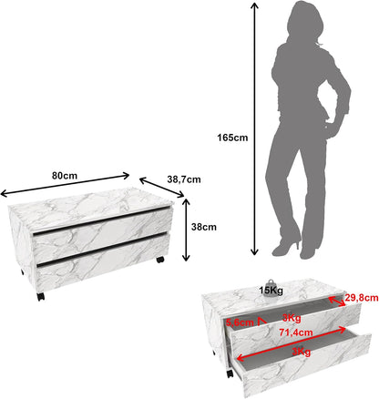 Balcão Gabinete Gaveteiro Multiuso 80 cm 2 Gavetas 4 Rodízios Branco Mármore