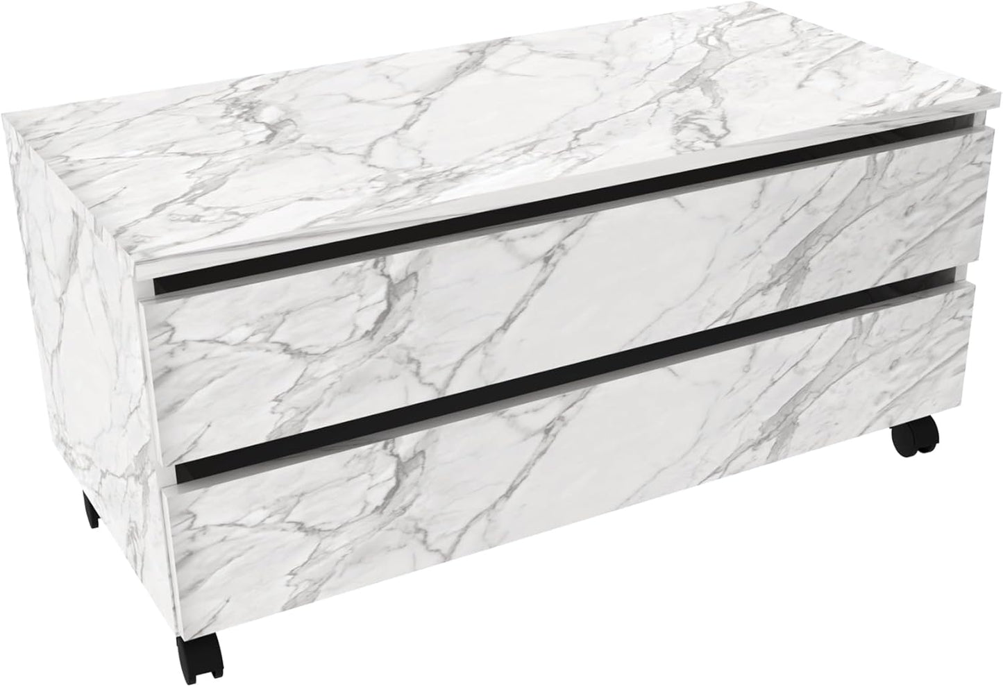Balcão Gabinete Gaveteiro Multiuso 80 cm 2 Gavetas 4 Rodízios Branco Mármore