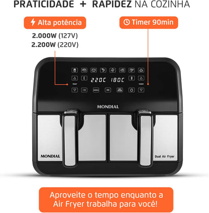 Fritadeira Air Fryer Dual Duplo Cesto 8L Mondial