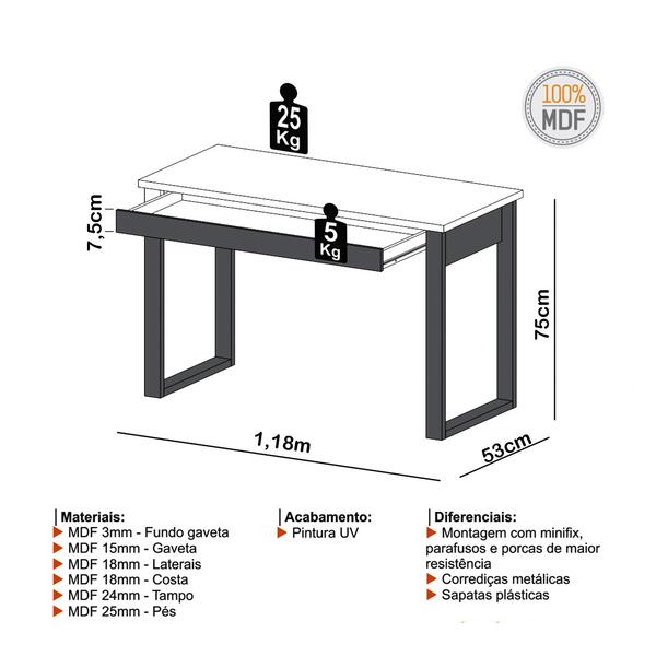 Mesa Escritório Industrial com Gaveta MDF F11 Dalla Costa Freijó/Preto