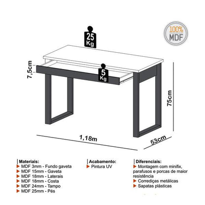 Mesa Escritório Industrial com Gaveta MDF F11 Dalla Costa Freijó/Preto