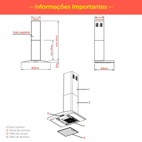 Coifa De Parede Fogatti Vidro Curvo Slim Inox 4 E 5 Bocas 60cm