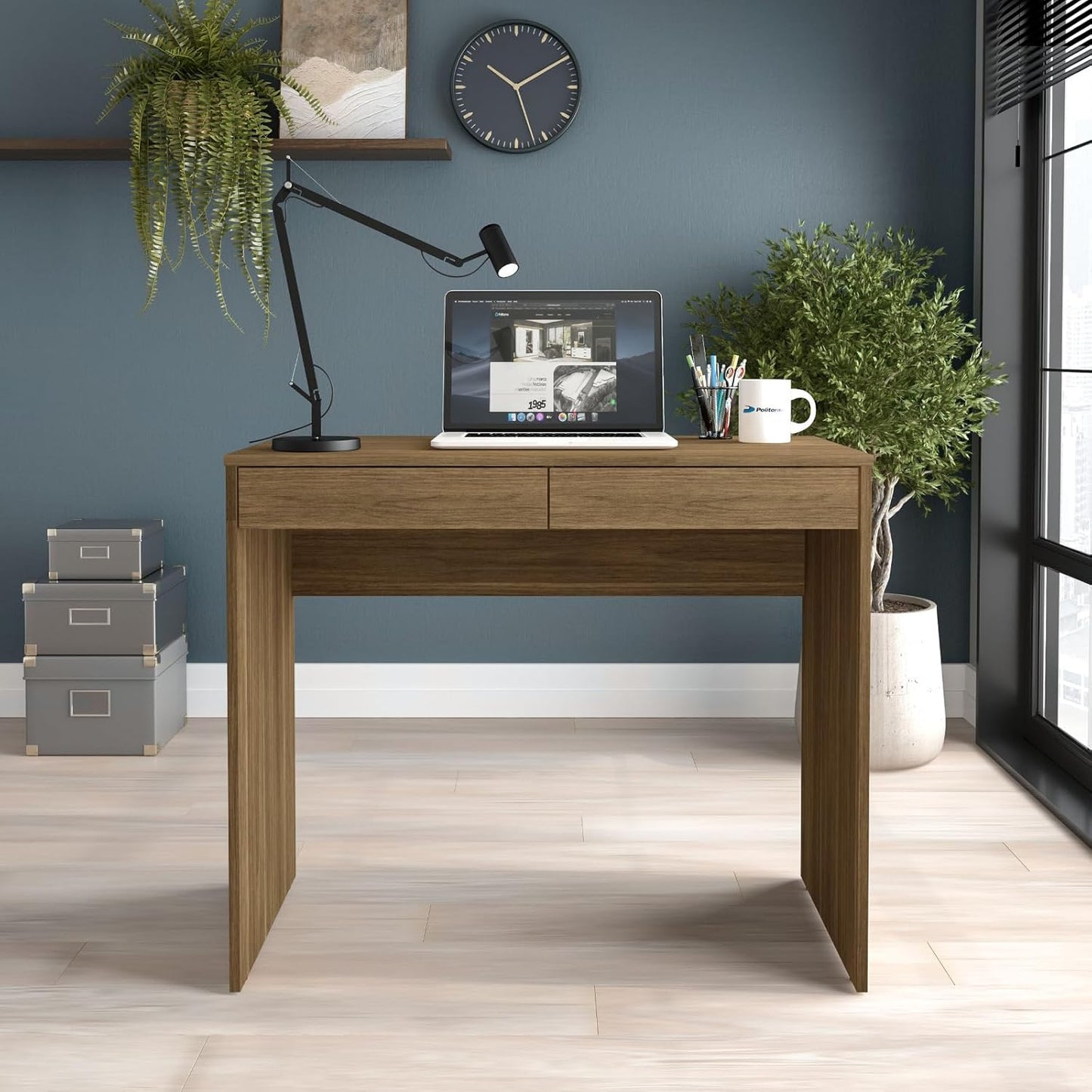 Mesa Escrivaninha Tijuca com 2 gavetas Castanho - Politorno