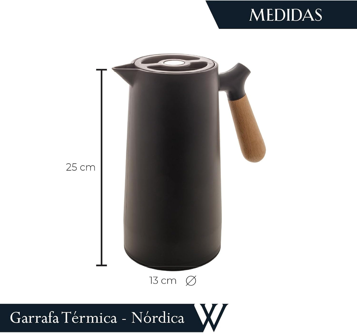Garrafa Térmica de Plástico com Cabo de Madeira Nórdica 1L Preta