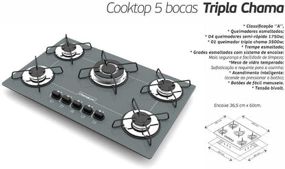 Cooktop 5 Bocas Chamalux Ultra Chama Cinza