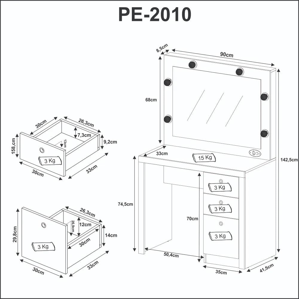 Penteadeira Camarim Com Espelho E Led 3 Gavetas Pe2010 Branco - Tecnomobili