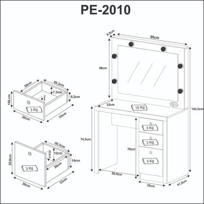 Penteadeira Camarim Com Espelho E Led 3 Gavetas Pe2010 Branco - Tecnomobili