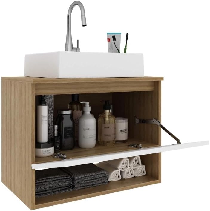 Balcão Gabinete Suspenso para Banheiro Com Prateleira BN3606 Tecnomobili Amêndoa/Branco