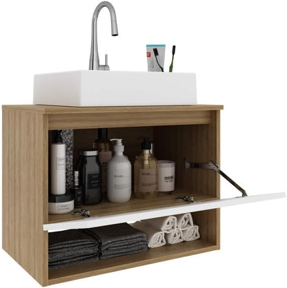 Balcão Gabinete Suspenso para Banheiro Com Prateleira BN3606 Tecnomobili Amêndoa/Branco