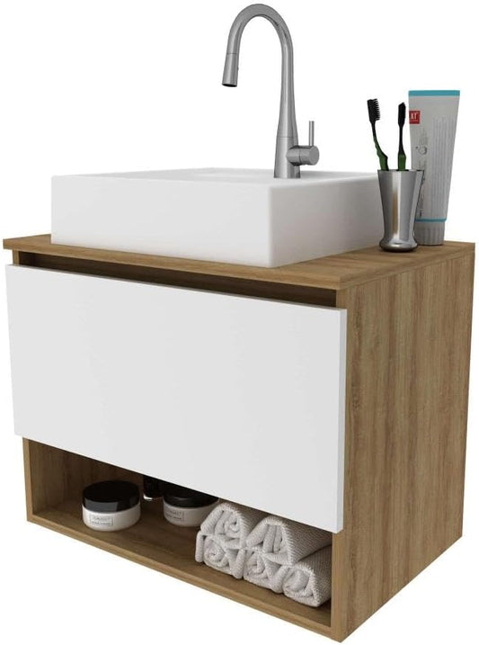 Balcão Gabinete Suspenso para Banheiro Com Prateleira BN3606 Tecnomobili Amêndoa/Branco