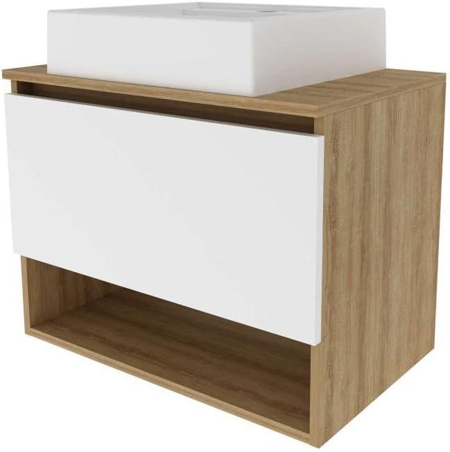 Balcão Gabinete Suspenso para Banheiro Com Prateleira BN3606 Tecnomobili Amêndoa/Branco