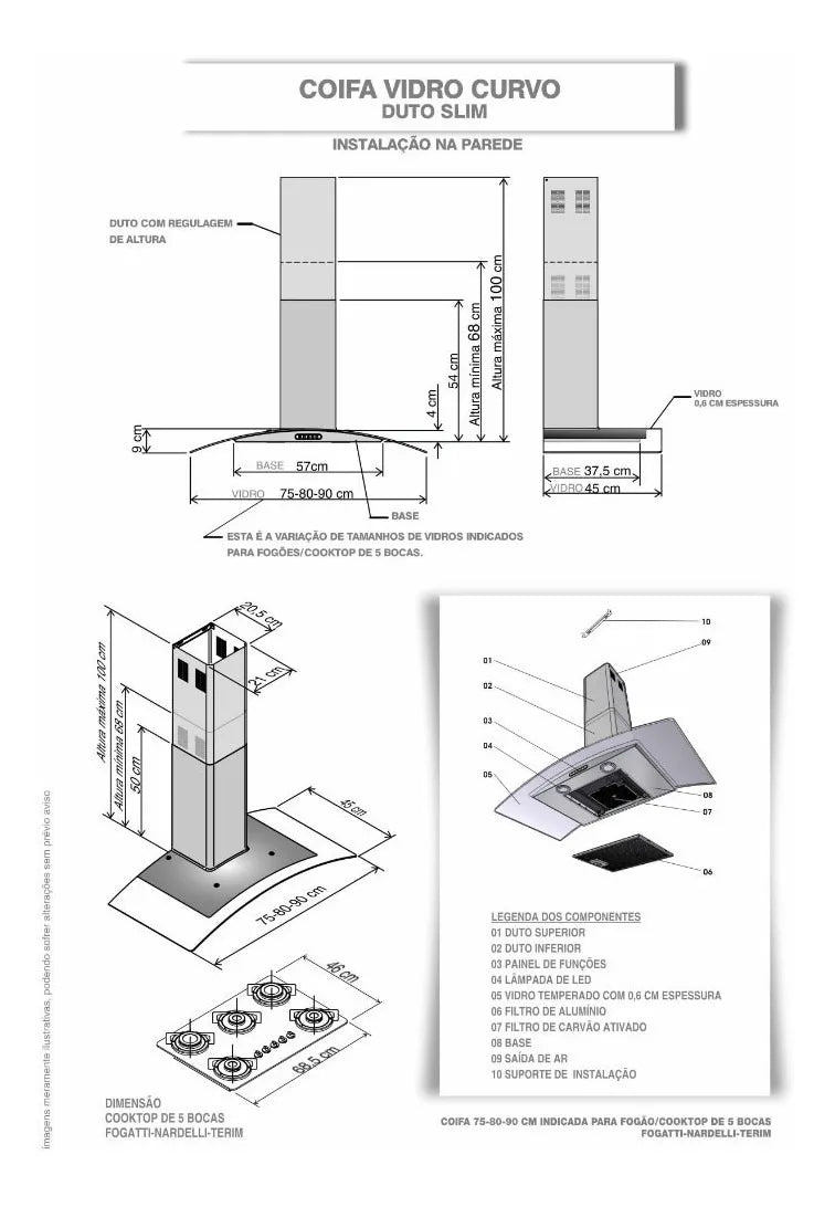 Coifa De Parede Fogatti 90cm Vidro Curvo Slim Inox 4 E 6 Bocas - 220V
