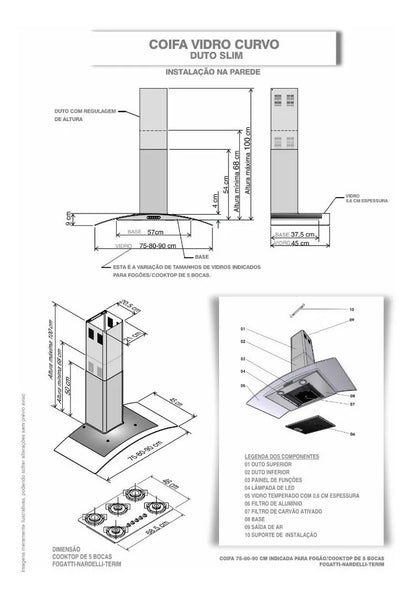 Coifa De Parede Fogatti 90cm Vidro Curvo Slim Inox 4 E 6 Bocas - 220V