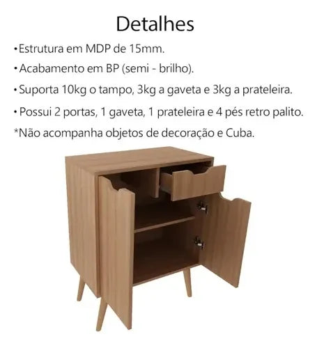 Gabinete Para Banheiro 2 Portas 1 Gaveta Bn3637 Amêndoa Tecno Mobili