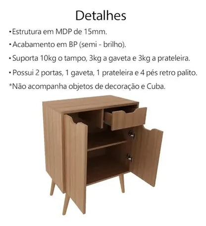Gabinete Para Banheiro 2 Portas 1 Gaveta Bn3637 Amêndoa Tecno Mobili