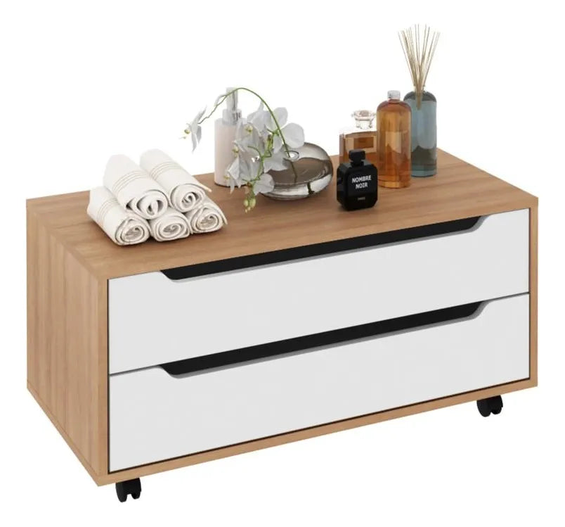 Balcão para Banheiro com 2 Gavetas e Rodízio BN3643 Tecnomobili Amêndoa/Branco