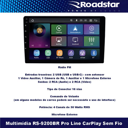 Multimídia Mp5 9 Roadstar RS-9200BR Pro Line Carplay Sem Fio Preto