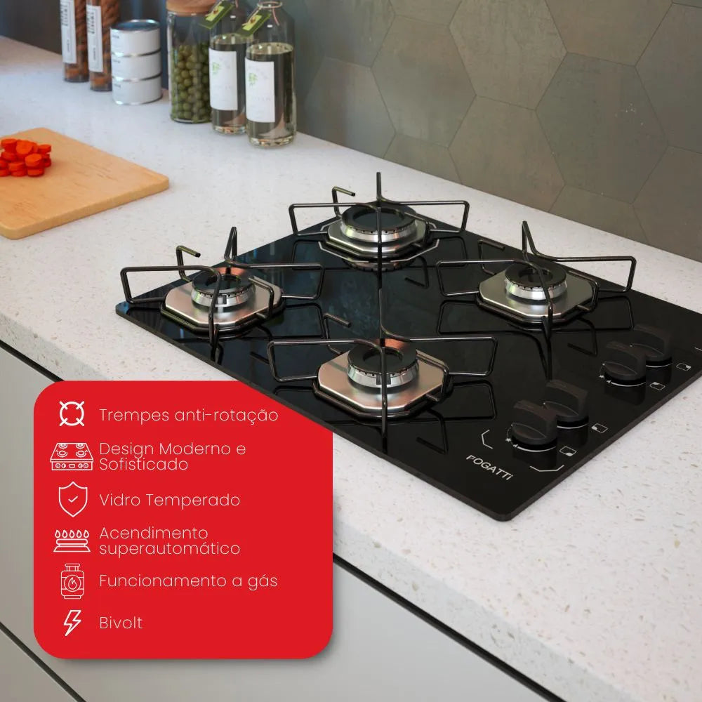 Fogão Cooktop Fogatti Ori 4 Bocas Vidro Preto Bivolt
