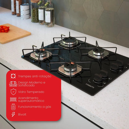 Fogão Cooktop Fogatti Ori 4 Bocas Vidro Preto Bivolt