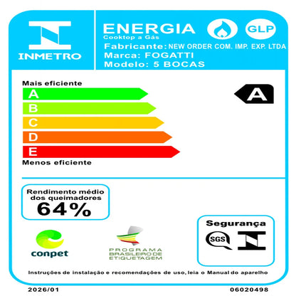 Fogão Cooktop Fogatti Ori 5 Bocas Vidro Preto Bivolt