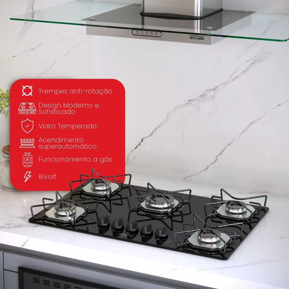 Fogão Cooktop Fogatti Ori 5 Bocas Vidro Preto Bivolt