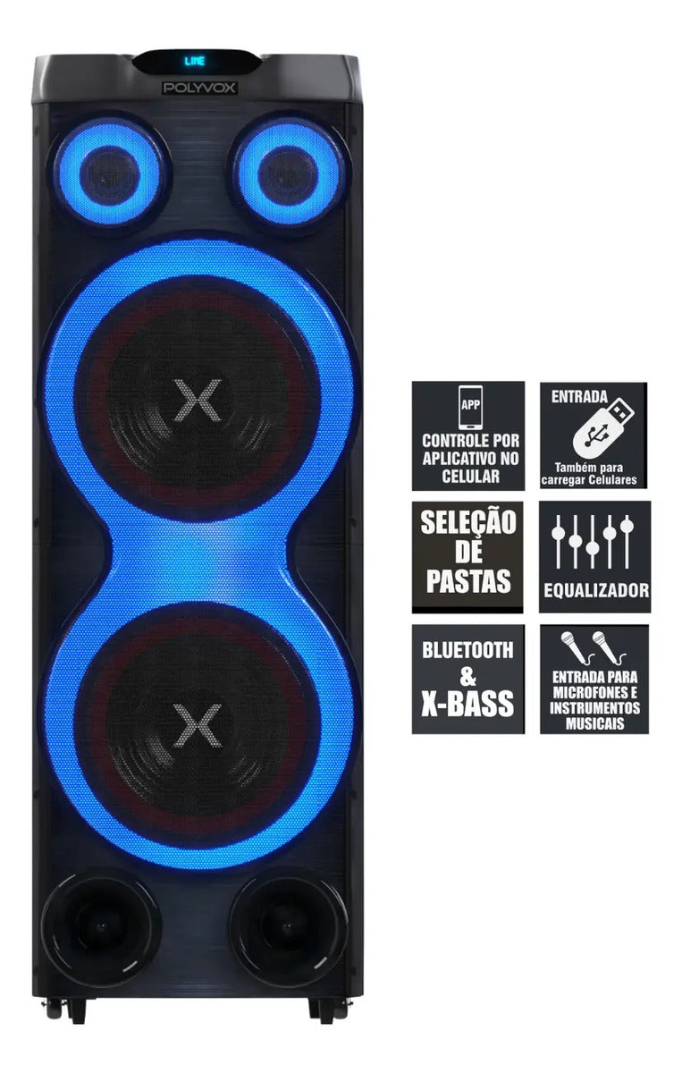 Caixa de Som Torre Amplificada Polyvox XT-2212T 2500W RMS Bluetooth TWS DSP USB FM Bivolt