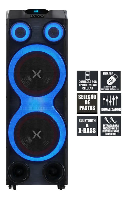 Caixa de Som Torre Amplificada Polyvox XT-2212T 2500W RMS Bluetooth TWS DSP USB FM Bivolt