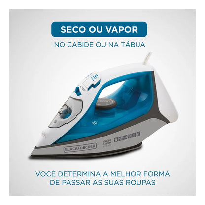Ferro de Passar a Vapor Black+Decker FX3060-BR 127V 1200W Base Ceramic Gliss Anti Gotejamento Azul
