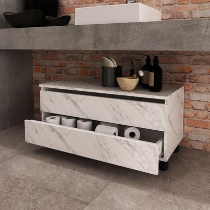 Balcão Gabinete Gaveteiro Multiuso 80 cm 2 Gavetas 4 Rodízios Branco Mármore