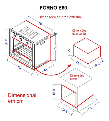 Forno Elétrico de Embutir Fogatti E60 Inox 60L 127V Grill Timer 120 Minutos Easy Clean