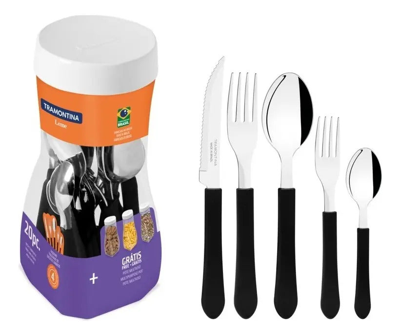Faqueiro Tramontina Leme 20 Peças Aço Inox Cabo Polipropileno Preto Talheres para Mesa