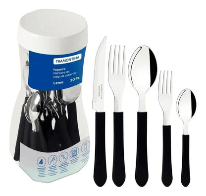 Faqueiro Tramontina Leme 20 Peças Aço Inox Cabo Polipropileno Preto Talheres para Mesa