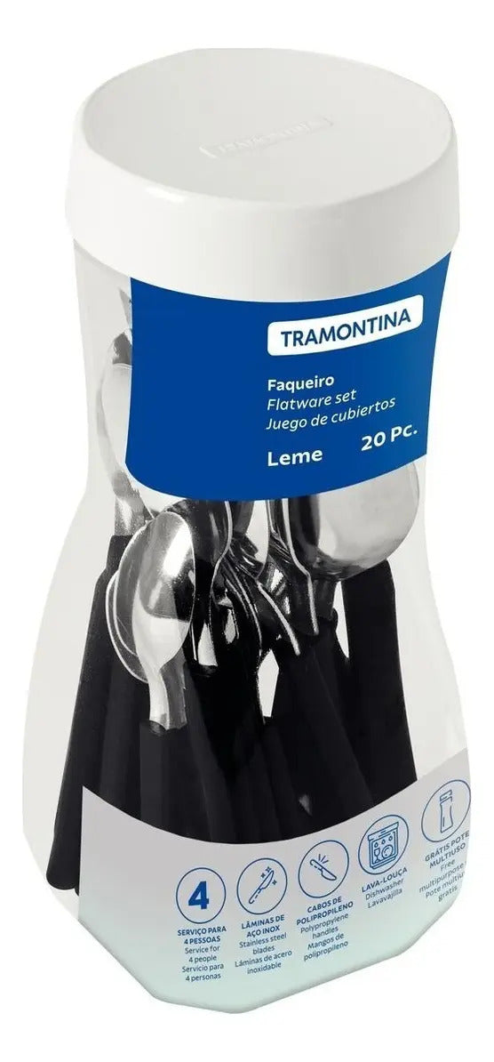 Faqueiro Tramontina Leme 20 Peças Aço Inox Cabo Polipropileno Preto Talheres para Mesa