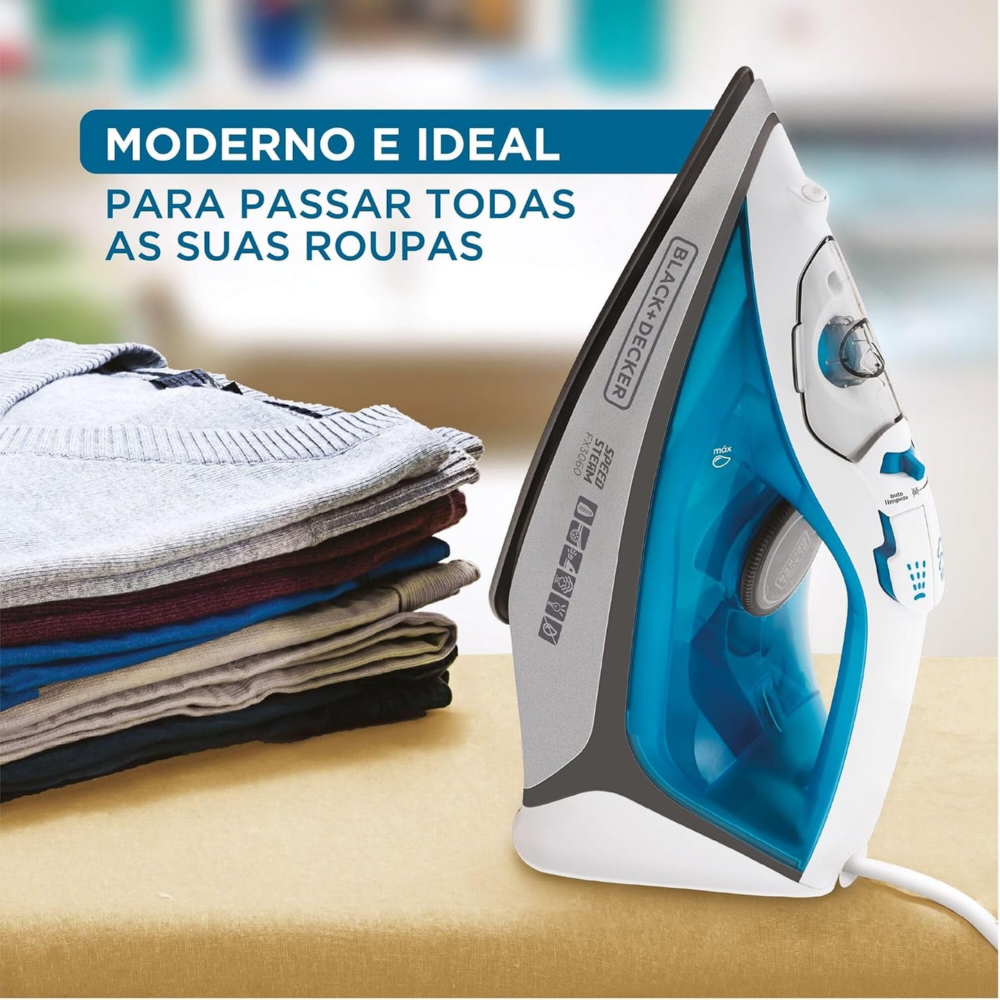 Ferro de Passar a Vapor Black+Decker FX3060-B2 220V 2000W Ceramic Gliss Azul e Branco