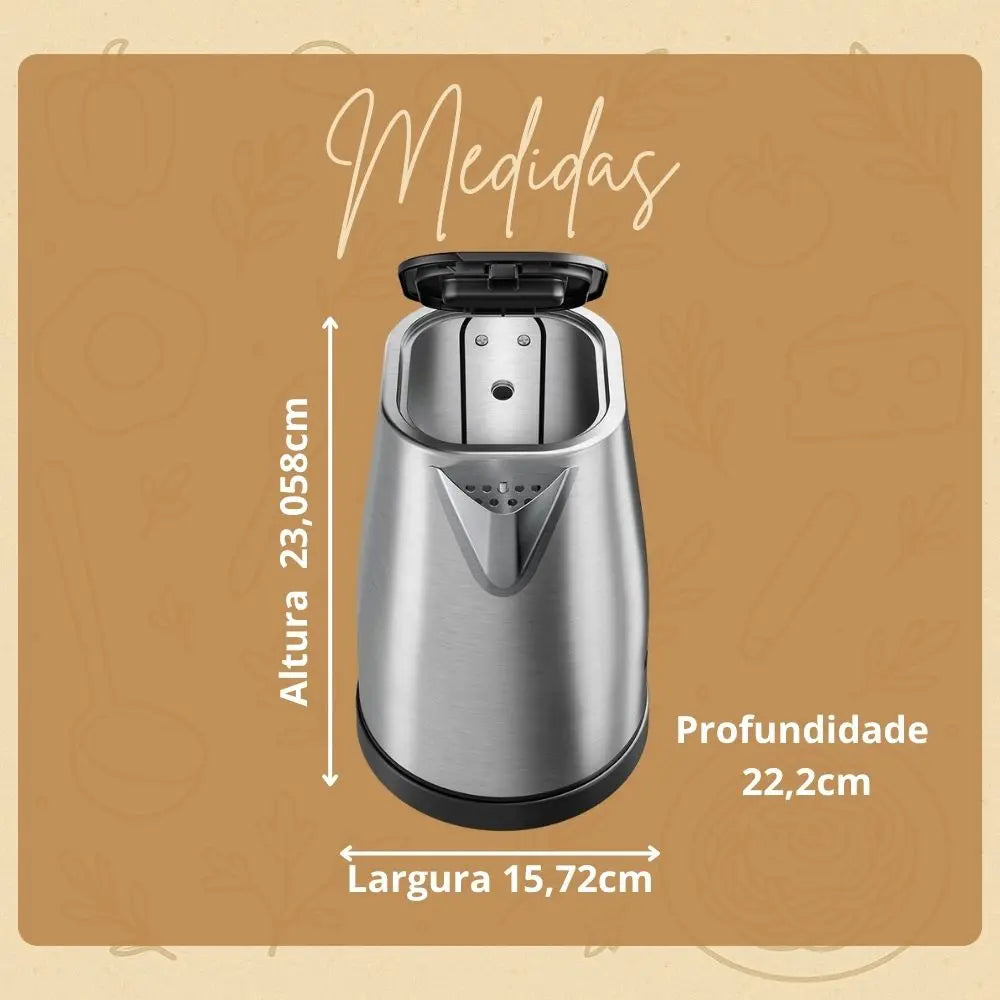 Chaleira Elétrica Dako 1,7L Inox 1200W com Desligamento Automático + Base Giratória 360°